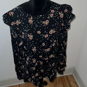 LOFT long sleeves ruffle shoulder floral print over black‎ long blouse top Sz XL